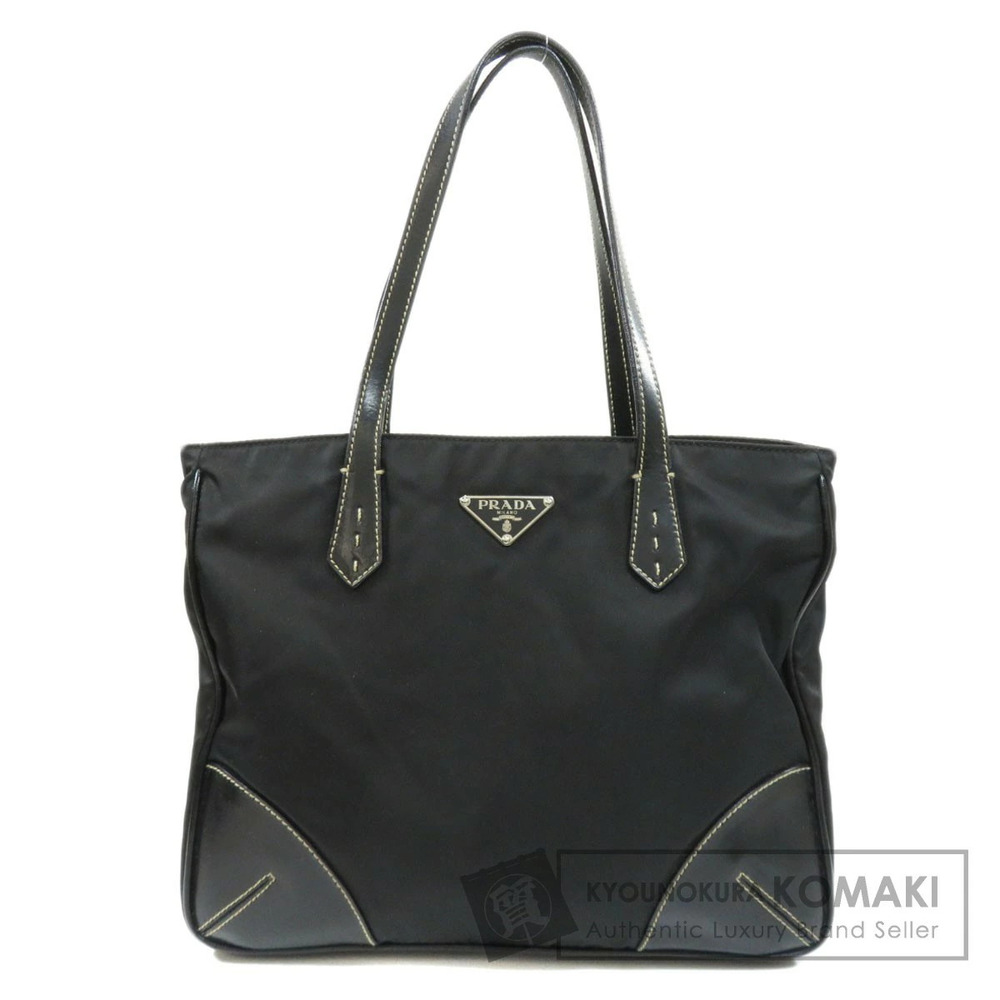 Prada Tessuto tote black leather iconic enamel triangle
